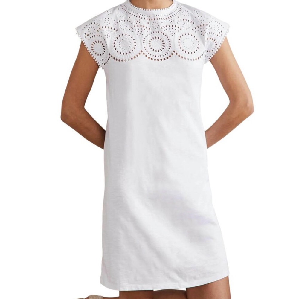 Boden White Cutwork Jersey T-Shirt Dress Size 12